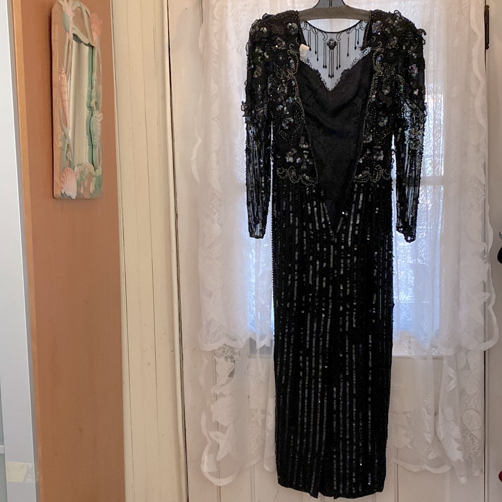 Lillie Rubin (LR) Elegant Iridescent Beaded Black Evening Gown